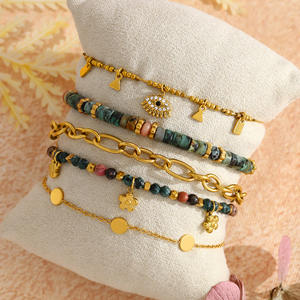 Pulsera de Acero Inoxidable con Baño de Oro PVD de 18K B147T, <span class=keywords><strong>Cadena</strong></span> Texturizada con Cristales de Turquesa Africana y Ojo Turco, Resistente al Agua - Product Image 4