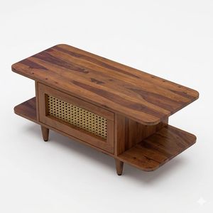 Table basse en bois massif naturel avec étagère en rotin, table de salon haut de gamme avec rangement pratique - Product Image 3