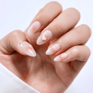 Uñas Postizas con Diseño de Lazo de Corazón, Uñas Artificiales de Longitud Media, Color Rosa Degradado Personalizado, Forma de Almendra, Estampado Dorado, Uñas de Presión ABS - Product Image 1