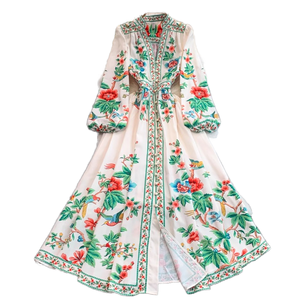 2025 Spring Sustainable Woven V-Neck Tunic Casual Midi Dress for Women Empire Digital Printed Lace - Product Image 1