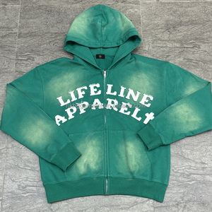 Clothing Manufacturer Custom Streetwear Vintage Heavy Weight Cotton Sun Faded distressed embroidery boxy Zip up <b>Acid</b> Wash Hoodie - Product Image 1