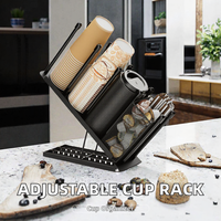 Distributeur de gobelets en métal moderne réglable avec support de couvercle et panier en maille – Organisateur de comptoir pour bar à café, bureau, cuisine, café
