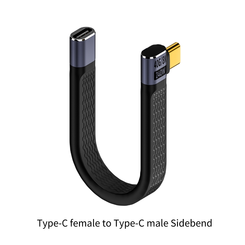 Conector lateral macho a hembra de 90 grados, color negro.