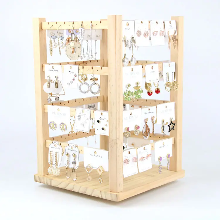 Wholesale shop jewelry accessories earrings square 4 side wooden rotating display