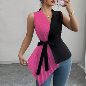 เสื้อเชิ้ตผูกเอวแบบอสมมาตรคอวีสีบล็อกสำหรับผู้หญิงแฟชั่น - Product Image 5