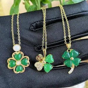 2023 Women fine Jewelry stainless steel chain Four Leaf Clover Necklace 18K Green real Jade Gemstone Fashion Pendants for women