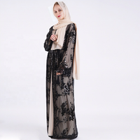 Robe noire pour femme, col rond, à sequins brodés, motif pivoine, avec cardigan ouvert, ceinture à pompons, patchwork en maille et volants, style bureau et quotidien, modeste