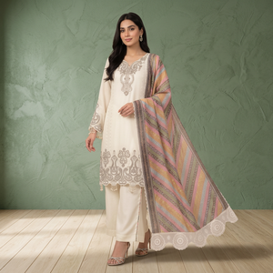 Ensemble 3 pièces tendance et élégant blanc droit Kurta Pantalon Salwar Kameez en coton lawn, style indien/pakistanais, pour fêtes et occasions festives, livraison rapide - Product Image 1