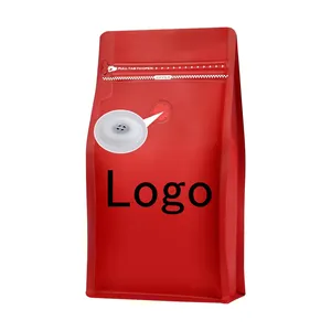 Grosir tas kopi merah segel kantong bawah datar persegi foil aluminium logo cetak matte dengan ritsleting