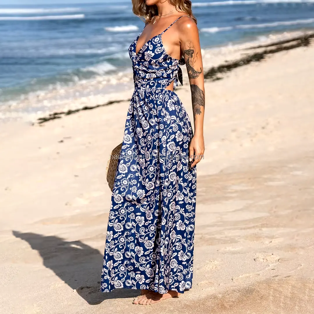 فستان نسائي جديد للشاطئ مزين بنقشة الزهور وحمالات رفيعة فستان صيفي للسيدات