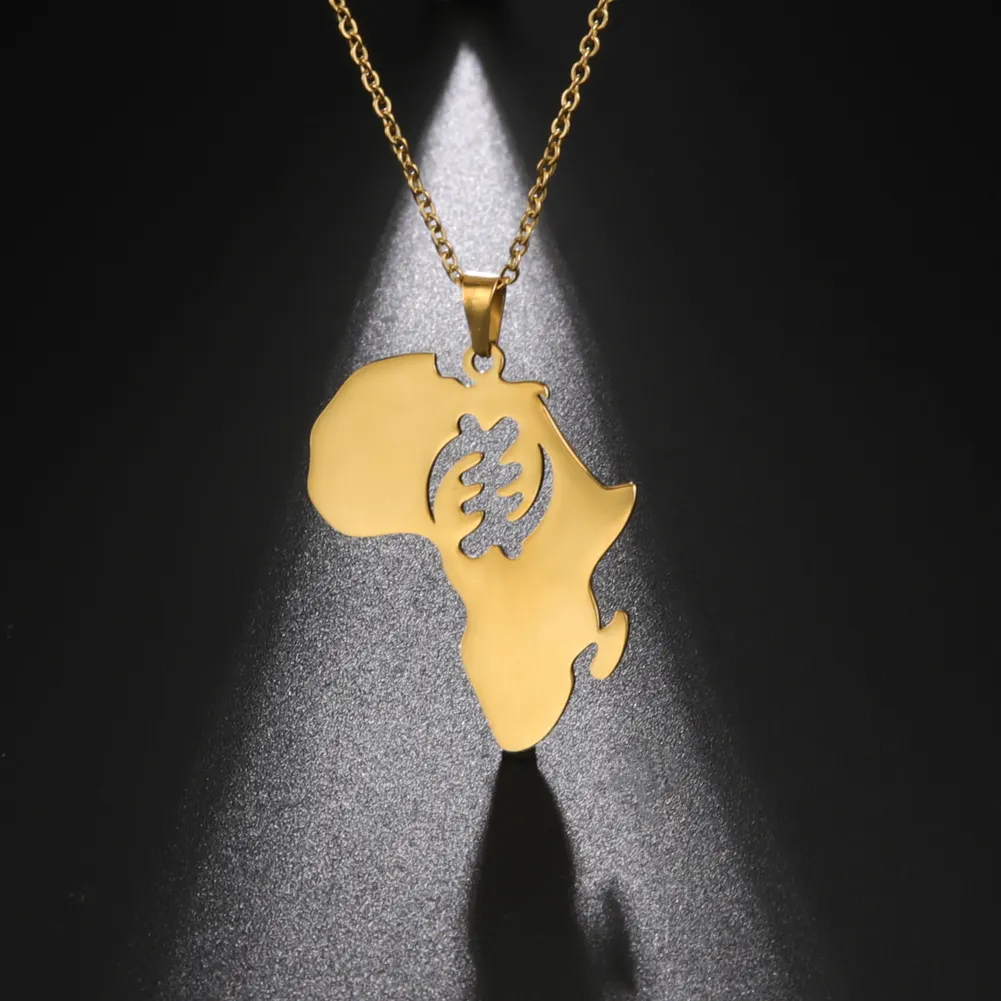 अफ्रीकी मानचित्र प्रतीक लटकन हार महिलाओं को पुरुषों के लिए Adinkra Gye Nyame जातीय स्टेनलेस स्टील सोने के रंग घाना गहने उपहार