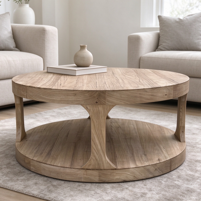 HLM41 Vintage Farmhouse Rustic Style Living Room Furniture Reclaimed Solid Wood Open Round Wooden Storage Tea Coffee Table