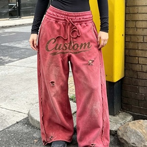 OEM Streetwear Vintage Custom Screen Printing Sweat Pants Distressed Acid Wash Flared Baggy Double Waisted Sweatpants Men - Product Image 1