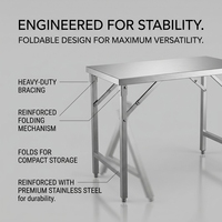 Mesa de Trabajo Plegable Comercial de Acero Inoxidable HM, Modelo FWS60, 300 Libras, Ahorro de Espacio, Tamaño Personalizado 201 304, Resistente al Óxido, Fácil de Usar