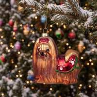 Ornamen Kaca Tiup Bentuk Anjing Pug Cokelat untuk Pohon Natal, Dekorasi Rumah, Hadiah Ramah Lingkungan
