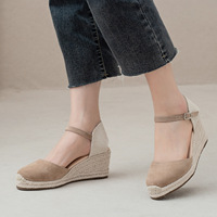 Sepatu Sandal Wanita Platform Wedge Espadrilles Tertutup dengan Tali di Pergelangan Kaki, Hak Tinggi, Bahan Atas Suede Sapi, Sol Karet, Penutup Gesper, Musim Panas
