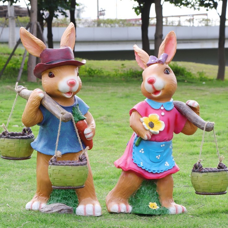 New Outdoor Decoration Garden Ornaments FRP Animal Easter Bunny Cute Cartoon Rabbit Carry The Burden Resin Crafts Rabbit Statues