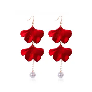 Trendy Creative Exaggerated Geometric Resin Long Type Red Flower Acrylic Drop Earrings for Women