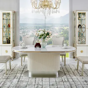 French Luxury Home Furniture Unique Design Wooden Dining Tables Chairs Rectangular Marble Dining Table Set