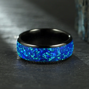 Bijoux pour hommes Bague de mariage en carbure de tungstène à dôme noir de 8mm incrustation d'opale concassée bleue Bague de promesse - Product Image 2