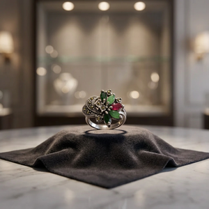Vintage Flower Cocktail Statement <b>Dainty</b> <b>Ring</b> 925 Silver Green Red Crystal Rhinestone Women's Everyday & Gifting Wear - Product Image 3
