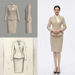 Conjunto de Blazer y Falda con Cuello Alto y Peplum Color Caqui para <span class=keywords><strong>Mujer</strong></span>, Marca Merican, con Lazo y Pañuelo, Formal, para Recepción de Hotel, Uniforme de Recepcionista, 100% - Product Image 1