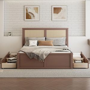 Cama de Ratán de Tamaño Completo con 4 Cajones de Almacenamiento, Estructura de Madera Maciza, Cabecera de Ratán Tejido Natural, Cama con Plataforma para Dormitorio - Product Image 1