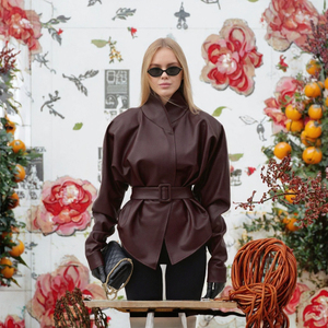 Women's Autumn Winter New American Style Retro Stand Collar <b>Belt</b> <b>Slim</b> Fit Short Solid Eco-Friendly Leather Jacket - Product Image 3