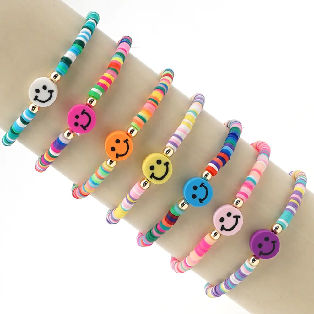 Stile nazionale bohémien nuovo stile 4mm con faccina sorridente arcobaleno in argilla polimerica bracciale di coppia multicolore con perline