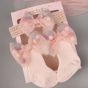 Lace Crown Floral Bow <b>Baby</b> <b>Headband</b> Sock Set Glitter Tulle Bow Ribbed Cotton Mid Calf Socks Soft Elastic Infant Hair Accessory - Product Image 5