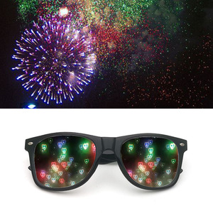 Óculos de plástico para festival, armação de óculos 3D de fogos de artifício, óculos 3D de arco-íris em forma de coração, papel de difração para festas