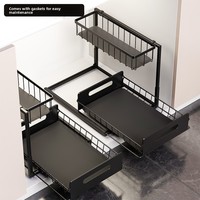 Organisateur d'évier à double couche avec paniers coulissants en acier au carbone, sans perçage, pour armoire de cuisine et garde-manger, étagère de rangement moderne et minimaliste