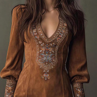 2026 Maßgeschneidertes Braunes Boho Besticktes Tief Ausgeschnittenes Puffärmel-Minikleid für Damen Private Label OEM ODM Großhandel
