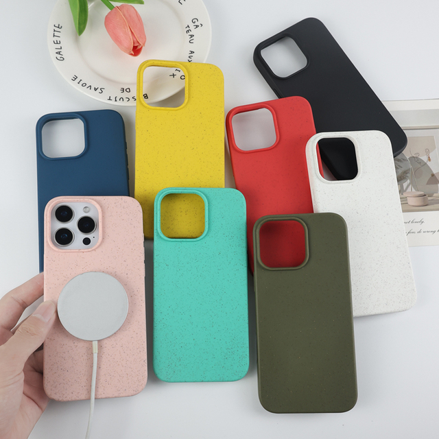 Wholesale Eco-Friendly Biodegradable Magnetic Shockproof TPU+Wheat Mobile Phone Cases for 17 16 15 14 13 Pro Max