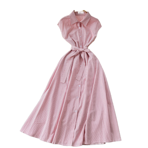 Robe midi décontractée d'été 2026 pour femme, tissée, mode loisirs, taille empire, sans manches, rayée, coupe trapèze, avec ceintures, lavable - Product Image 1