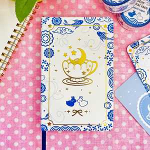 Carnet A6 LABON bleu floral en similicuir avec dorure à chaud, 192 pages, bordure dorée, carreaux quadrillés, agenda <span class=keywords><strong>de</strong></span> papeterie avec poche arrière - Product Image 1