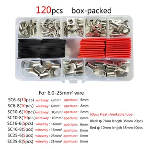 120PCS Heavy Duty Wire Lug Batería Extremos de cable redondos Crimp Kit surtido Terminal de anillo de cobre estañado desnudo con tubo termorretráctil