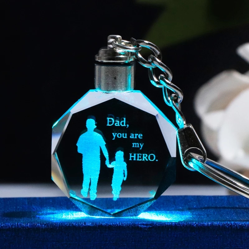 Father's Day Gift Key Chain 3d Laser Engraved Changeable Colorful Key Ring Dad Gift K9 Crystal LED keychain for Papa Trinket