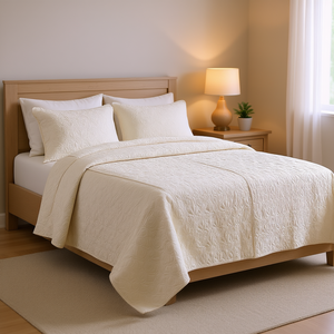 Cream Queen Bedspread 3-Piece Quilt Set Split Corner Pleated Solid Pattern All-Season <b>Bedding</b> - Product Image 2