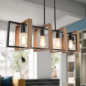 Lustre industriel américain rétro <span class=keywords><strong>noir</strong></span> carré en fer ovale suspendu en <span class=keywords><strong>bois</strong></span> pour salon restaurant salle à manger milieu - Product Image 6