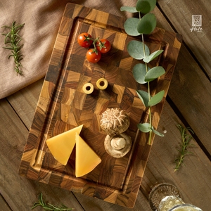 Planche à découper en bois de teck massif de qualité supérieure, grande planche de boucher à grain transversal, design durable, compatible lave-vaisselle - Product Image 1
