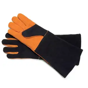 ถุงมือย่างบาร์บีคิว,ถุงมือหนัง PU ทนความร้อนหนาทนทานถุงมือผ้าฝ้ายกันลื่นสำหรับย่างในครัว