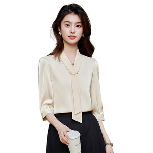 Women's <b>White</b> V Neck Chiffon Blouse 7/8 Sleeve <b>Wrap</b> Tie Solid Color Work Shirt Spring Summer 2025 Elegant Professional Top - Product Image 5