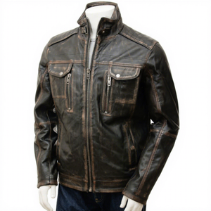 Veste en cuir véritable noir pour homme, style motard, effet vieilli, col montant, poches à rabat avec fermeture éclair sur la poitrine, en peau de mouton, personnalisée, vintage, pour l'hiver - Product Image 1