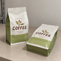 Sachet à café vert et blanc imprimé à fond plat avec soufflet latéral et encoche de déchirement pour l'emballage de café en grains entiers ou moulu – Idéal pour la vente au détail