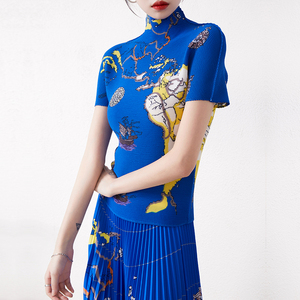 Miyake plissé 2025 été à manches courtes imprimé T-shirt pour femmes <span class=keywords><strong>col</strong></span> <span class=keywords><strong>roulé</strong></span> pull à manches courtes femmes mode T-shirt - Product Image 6