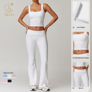 SILUO Offre Spéciale 2 pièces ensemble de vêtements de sport blanc à manches longues en dentelle col carré haut court pantalon évasé ensemble salon 2 pièces Yoga survêtement - Product Image 1