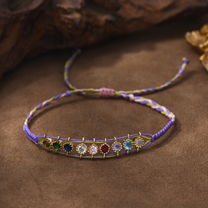 Bracelet tressé en corde cirée avec zircon coloré, style rétro élégant français, chic parisien vintage, bohème, tissé à la main, Purlseras - Product Image 4