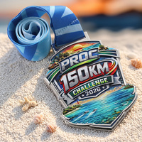 Médaille de sport en alliage de zinc émaillé, plaquée argent, avec logo tropical en relief 3D en couleur, pour le défi d'endurance de 150 km, médaille personnalisée