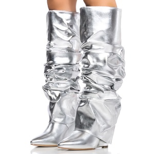 Pleated Upper Pants Knee High <b>Boots</b> Ladies <b>Wedge</b> Heels Pants Shoes Women Camouflage Overlay Ruched Long <b>Boots</b> - Product Image 5